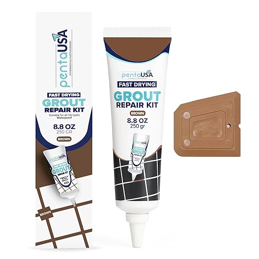 PentaUSA Tile Grout Repair Kit - Beige Brown Premixed Acrylic Sanded Grout Filler for Bathroom, Shower, Kitchen Tile and Wood-Look Tile, Water-Resistant Tube with Applicator (8.8 oz / 250g)