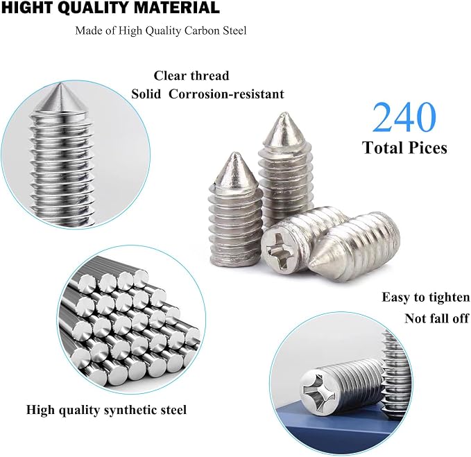 240 Pcs Nickel Plated Carbon Steel Tip Screws (M2*3-M2*6, M2.5*3-M2.5*8, M3*3-M3*8) with 2mm Screwdriver for Belt Buckle, Wallet, Handbag, Purse Repair