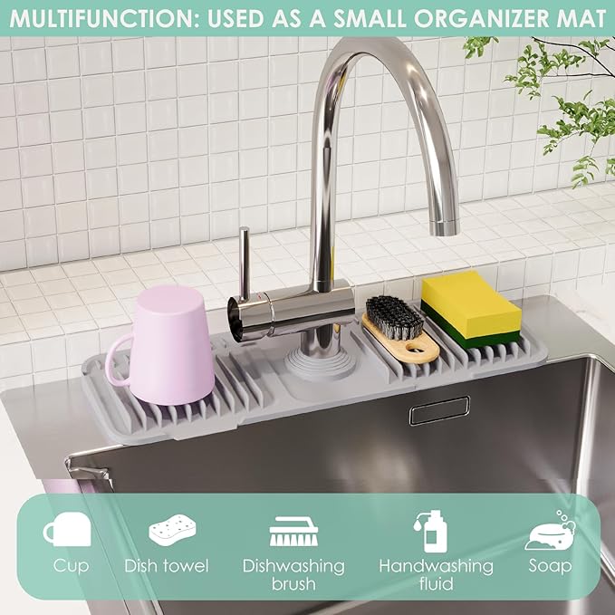 24 Inch Silicone Faucet Mat for Kitchen Sink Splash Guard - 7° Slope Water Draining Mat With Fasten Button for Bathroom Area (Gray, 17.7''x5.5'')