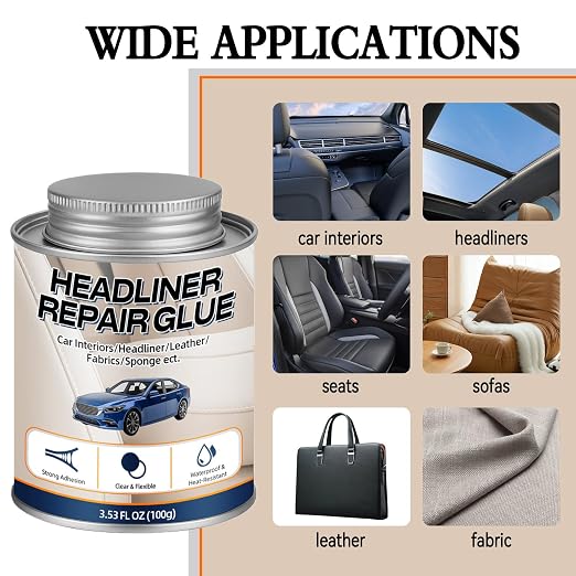 Car Headliner Glue, Upholstery Adhesive, Strong Automotive Interior Glue with Brush, Transparent Repair, Suitable for Fabric and Leather, 3.53OZ