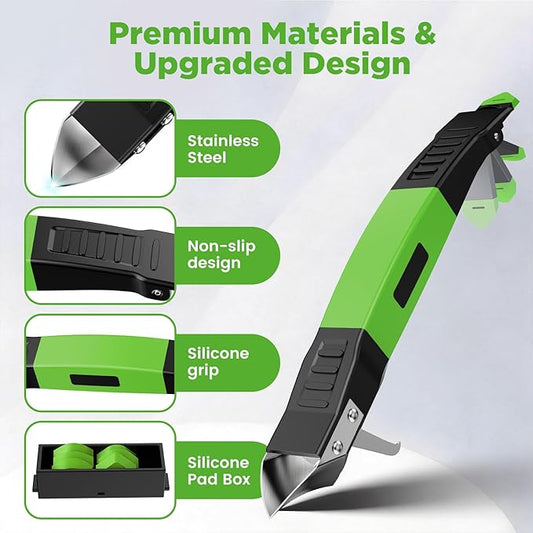 6 in 1 Silicone Caulking Tool Kit with Caulk Grout Remover Tool Sealant Finishing & Smoothing Tool, Grout Scraper, 6 Reusable Pads and Adhesive Residue Scraper for Kitchen Bathroom Tile Sink (Green)