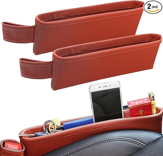 2 Pack Update Car Seat Gap Filler Organizer Leather Console Storage Box Front Side Pocket Seats Organizers Filler Interior Car Accessories for Phone Wallet Coin Key Sunglasses (Brown)