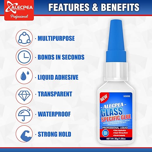 ALECPEA 2Pack 30g Glass Glue - Fast-Curing & Weatherproof Adhesive for Glass Repair, Jewelry, Art, Crystal, Mirror and More - Quick Set in 15 Seconds