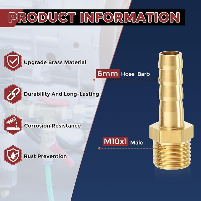 Pack of 2 Brass Hose Barb Fittings Adapter Connector 6mm Hose Barb to M10x1 Male Fittings for Home Machines, Massage Bathtubs, and Irrigation Systems