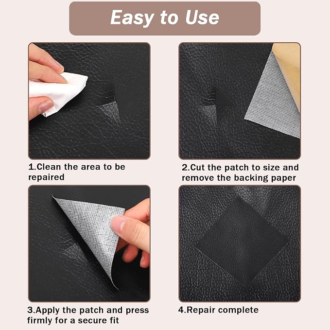 4PCS Self-Adhesive Leather Repair Patches, 8 x 12 Inch Black Repair Patch Tape for Couches Waterproof Leather Patches for Furniture, Sofa, Chair, Car Seats (Black)