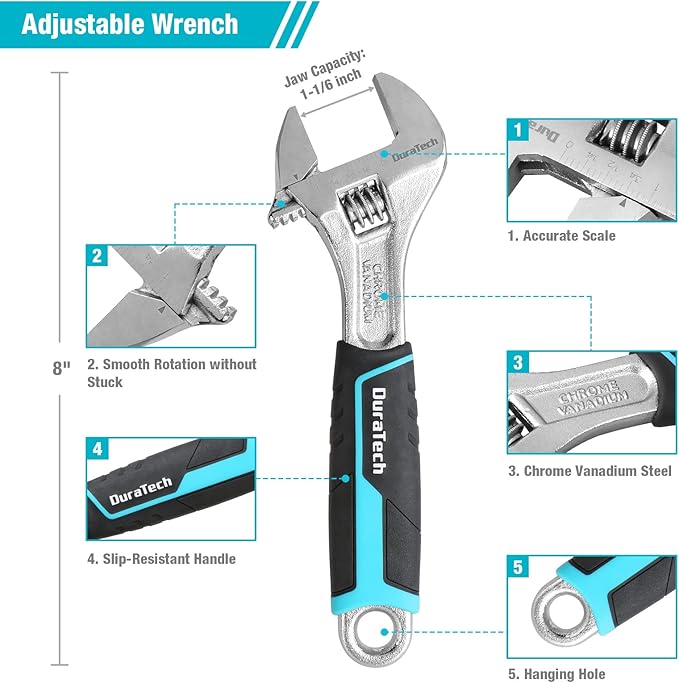 DURATECH 8-Piece Pliers Set with Rolling Pouch, Premium Cr-V/Cr-Ni Construction, (12", 10", 8" Groove Joint Pliers, 8" Adjustable Wrench, 8" Linesman, 6" Long Needle Nose, 6" Slip Joint, 6" Diagonal)
