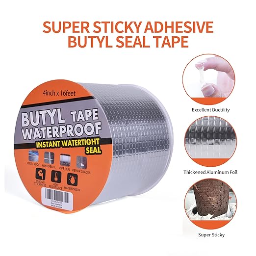 TAPEBEAR Butyl Tape Waterproof Sealing Tape Aluminum Foil Tape, for RV Repair, Window, Silicone, Glass & EDPM Roof Leak Patching, Boat and Pipe Sealing, Silver, 4inch x16feet
