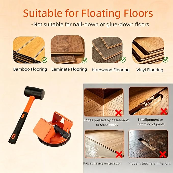 Floor Gap Fixer Tool Kit: Upgraded 45° Striking Surface Floor Suction Cup Tool for Gaps, Laminate Flooring Tools Heavy Duty with Mallet, Plank Grabber for Vinyl Wood Lvp Flooring