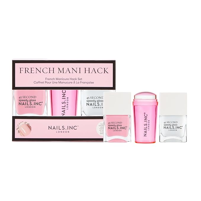 Nails Inc 45 Second Speedy Gloss French Manicure Hack Set, Pink, No Chip, Long Lasting, Quick Dry, Air Dry, Professional Manicures & Pedicures, Silicone Stamper, DIY Nail Art Design, 3 Piece Set