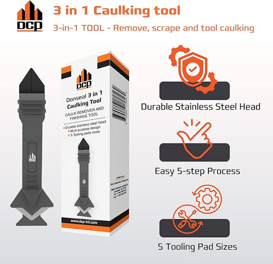 DCP Donseal 3 in 1 Caulking Tool Kit – Silicone Caulking Tool for Removal, Scraping & Finishing – Precise Caulk Remover & Applicator with 5 Tooling Pads – Stainless Steel Caulk Scraper for Smooth Seal