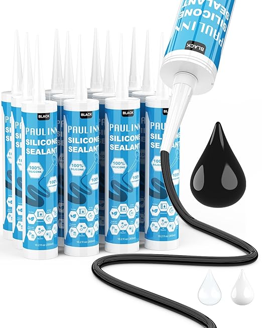 PAULINN 12 Packs Black Silicone Sealant 100% Waterproof Silicone Caulk