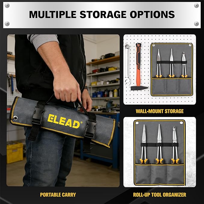3-Piece 11 Inch Long Reach Pliers Set with 3 Magnetic Plier Racks, Extra Long Needle Nose Pliers Set Includes Straight, 45° & 90° Bent Nose Plier, Pliers Tool Set for Tight Spaces