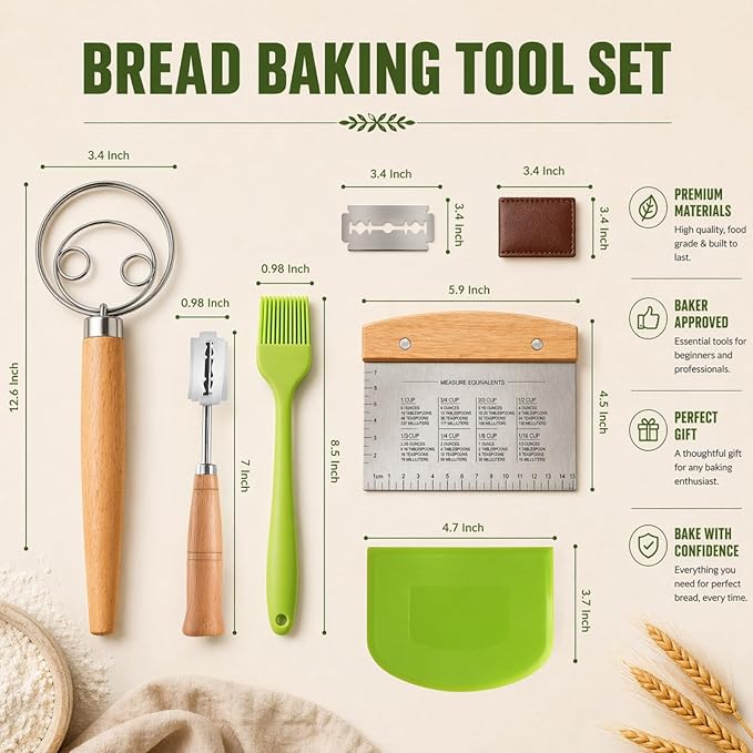 BOORIKA Sourdough Bread Baking Tool Set with Danish Dough Whisk, Bread Lame & Blades, Bench Scraper, Dough Scrapers and Silicone Brush – Sourdough Starter Kit