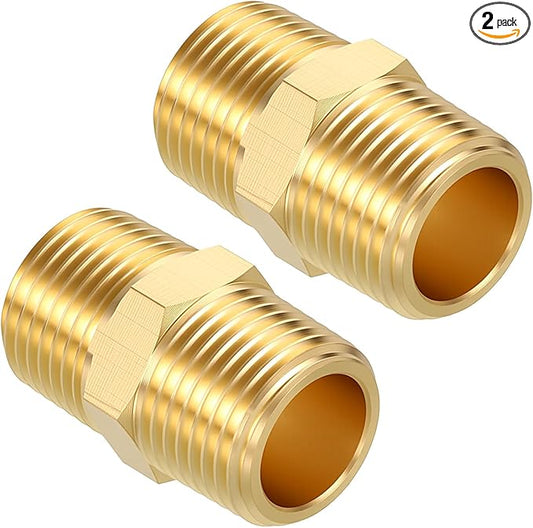 Pack of 2, 3/8" NPT Male to 3/8" NPT Male Solid Brass Hex Nipple Hose Connectors, Male Pipe Adapter for Pipe Leak Repair, Bathroom Remodeling, Tool Extensions, Compression