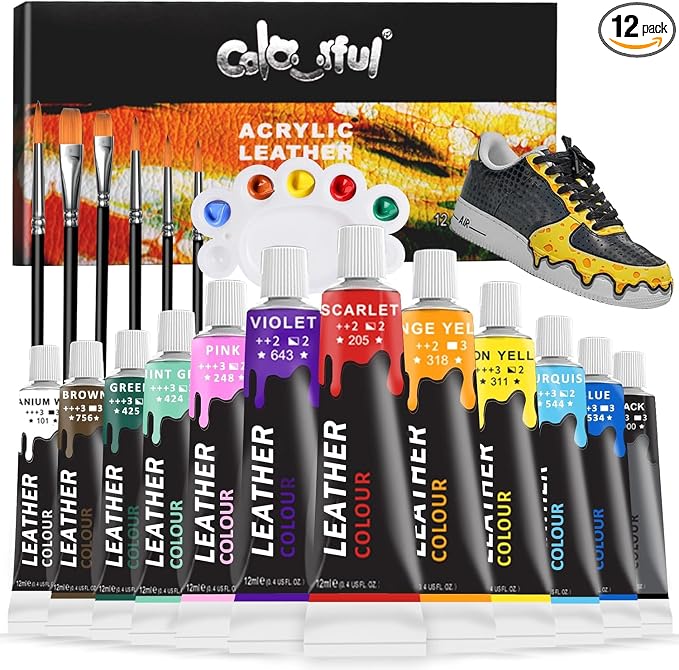 Colorful Acrylic Leather Paint for Shoe Painting- 12 Colors Leather Paint for Bag & Wallet Decor, Leather Jacket Care, Crafts DIY & Customizing Leather Projects