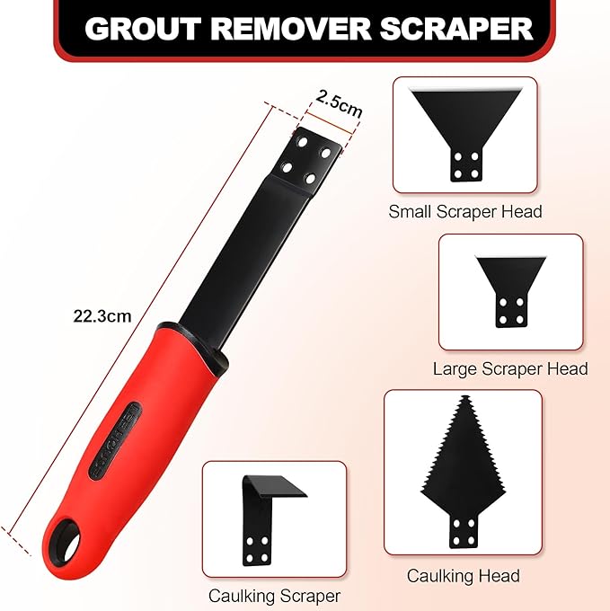1 Caulk Remover Tool Set with 5-piece Blades - 8.7 Inch Industrial Floor Scraper Tool with Long-Handle, Replaceable Silicone Caulking Tool Kit for Glass Caulk, Adhesive, Sink Joint,Tiles, Walls