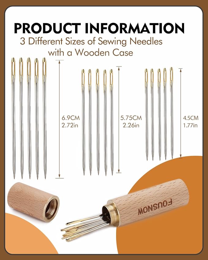 FOUSNOW 19 Pcs Hand Sewing Needles Kit, Assorted Sewing Needles with Wooden Sewing Needles Cushion, Needle Threaders for Hand Sewing, 3 Sizes Hand Stitching Needles for Sewing Repairing Craft