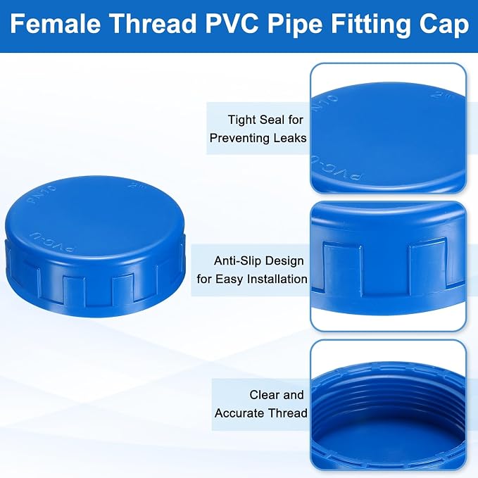 uxcell 5Pcs 2 Inch PT Female Thread PVC Pipe Fitting Cap, Cleanout Water Drain End Caps, Pipe Plug Socket Fittings with Tape for Water Heater Supply Lines, Plumbing, Blue