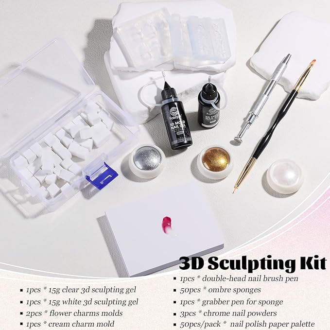 Fcozpjk 3D Gel Nail Art for Nails Starter Kit: 15ML Clear and White 3D Sculpting Gel with 3PCS Silicone Flowers Nail Charm Molds Gold Silver Chrome Powder Ombre Sponges Salon Supplies DIY Manicure