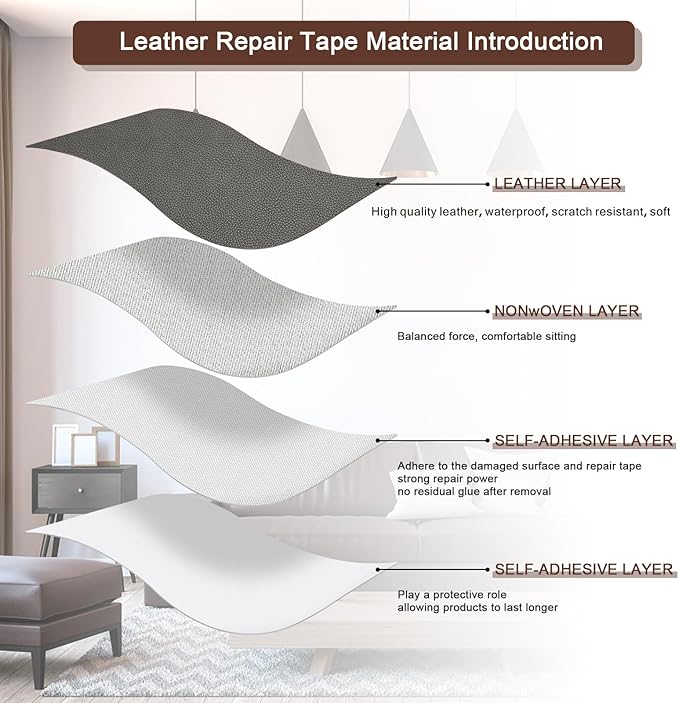 JDLUGH Sofa Leather Repair Patch Tape, Large Self Adhesive Couch, Car Seat, Office Chair, Leather Furniture, Vinyl Repair Patch Kit for Furniture (15x60 Inch, Grey)