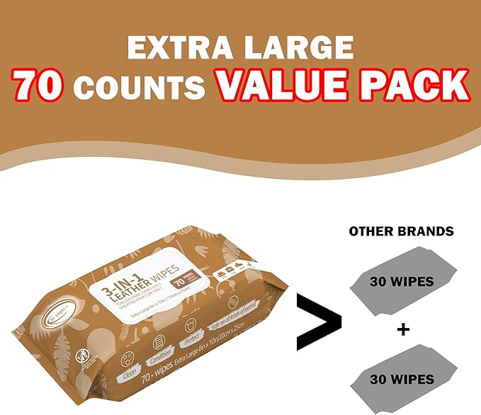 Air Jungles 3in1 Leather Cleaner Wipes 70 Count (3 Pack), XL 8x10 Inch | Clean, Condition, Protect Wipes For Vinyl & Leather Apparel, Furniture, Auto Car Interior, Shoes, Boots, Bags