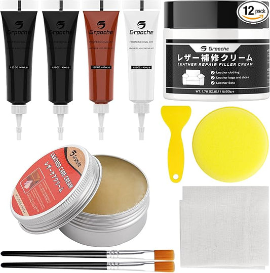 Black Leather Repair Kit for Furniture Leather Filler Mink oil for Car Interior, Car Seats, Sofa, Jacket and Purse, Vinyl Repair Kit with Color Matching Guide, Restores Artificial, Genuine Leather