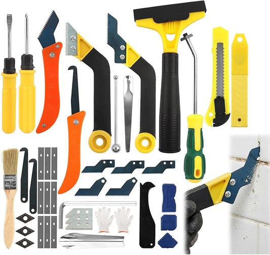 37Pcs Grout Removal Tool Kit，3 Tile Grout Saws with 20 Extra Cleaning Blad-es, Tile & Caulk Remover Tools with Grou-t Saws for Floor Cleaning & Repair(COLOR:black,yellow)