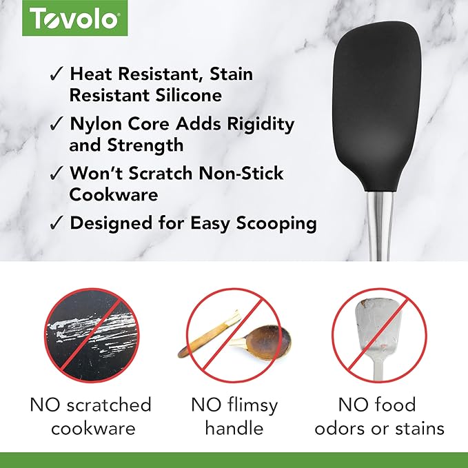 Tovolo Spoon Spatula Spoonula with Stainless Steel Handle Ergonomic Grip Black, Silicone Scoopula Kitchen Utensil Non Scratch Easy Clean Dishwasher Safe Heat Resistant Flex Core Scoop Spatula