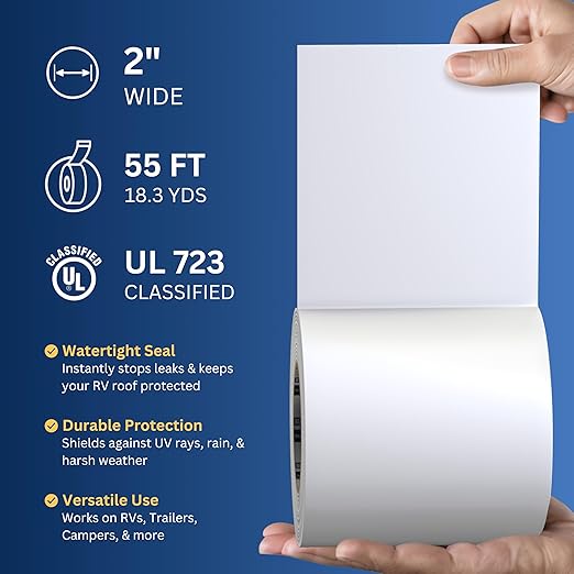 2 Pack Buck RV Roof Sealant Tape – 2 Inch x 55ft, 40 Mil – Waterproof RV Tape for Roof Repair, Seams, Skylights, Vents & Window Leaks on Camper, Trailer & Boat, UV Resistant & Weatherproof, White