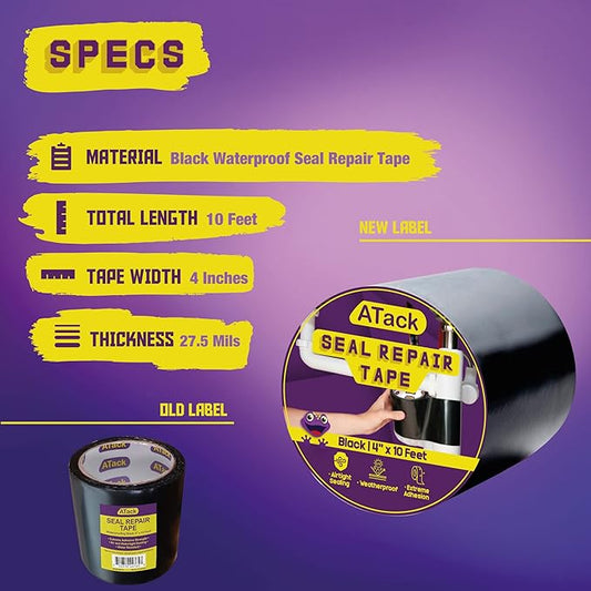 ATack Waterproof Patch and Seal Tape, Black, 4 Inches x 10 Feet, Water Barrier Tape for Stop Leak Repair on Pipes, Chimney, Roof, Boat, and HVAC