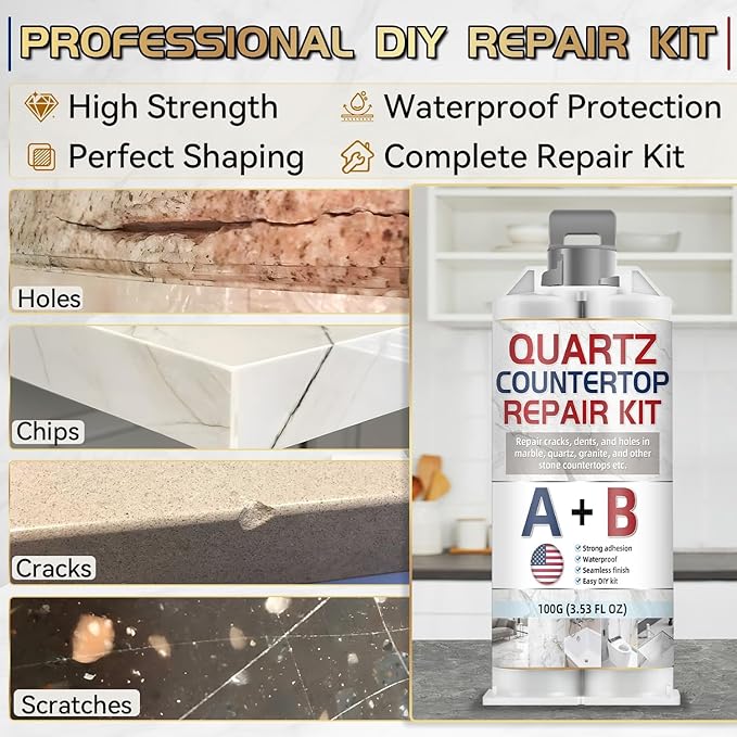 Quartz Countertop Repair Kit, Marble Repair Kit, Strong Bond, Seamless Finish for Granite Repair, Ideal for Mable, Porcelain, Tile, Sink Crack, Chip Scratch, Hole, 100g