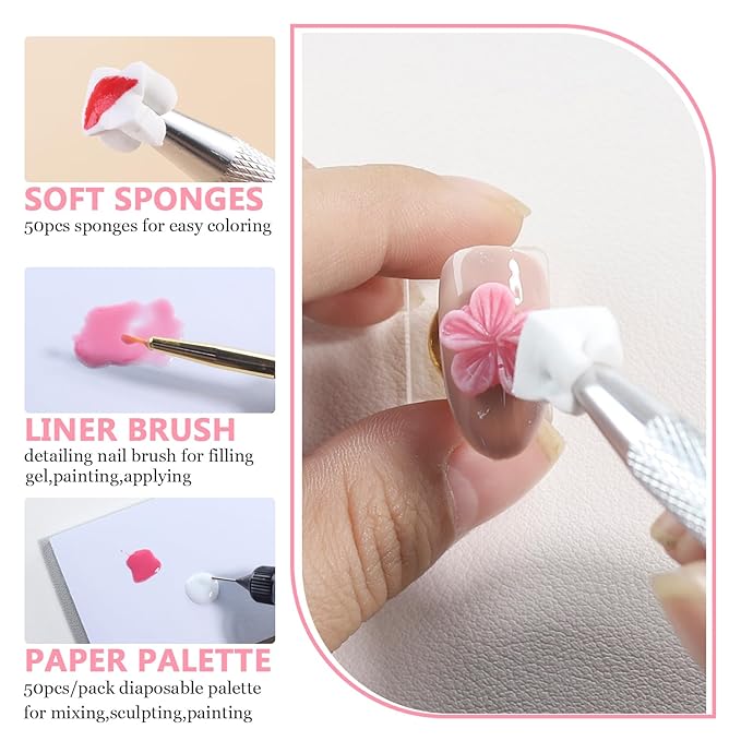 Fcozpjk 3D Gel Nail Art for Nails Starter Kit: 15ML Clear and White 3D Sculpting Gel with 3PCS Silicone Flowers Nail Charm Molds Gold Silver Chrome Powder Ombre Sponges Salon Supplies DIY Manicure