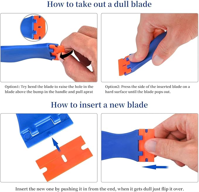 Plastic Razor Blade Scraper, Scraper Tool with 20 PCS Plastic Razor Blades for Removing Labels Adhesive Decals Sticker from Windows Glass (Blue)