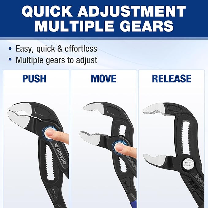 WORKPRO 10 Inch Water Pump Pliers, V-Jaw Groove Joint Pliers, CR-V Quick Adjustable Pliers for Home and Industrial Repair, Push-Lock, Soft Grip, Upgraded Wide Opening