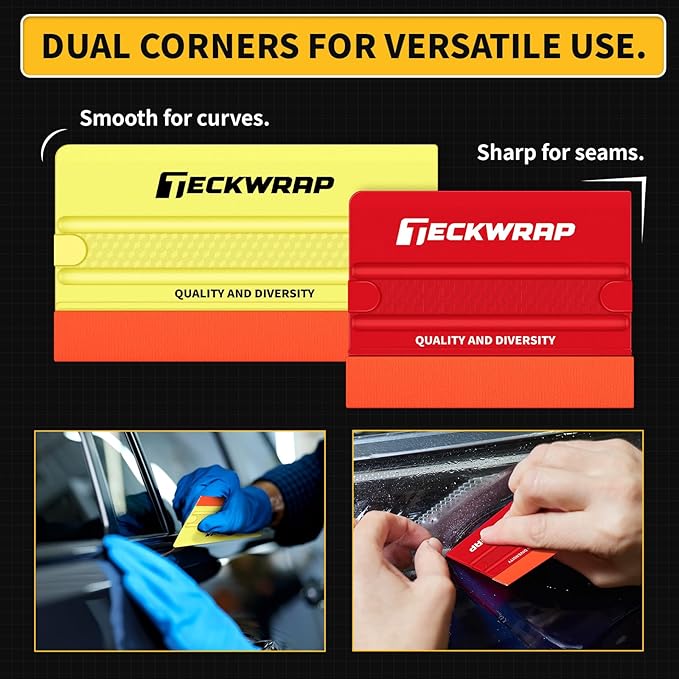 TECKWRAP Felt Squeegee for Vinyl Wrap, Scraper Tool with 2 Hardness Options for PPF, Tint & Decals, Inkjet Vinyl Sticker Paper & Wallpaper (Yellow Soft/Red Hard)