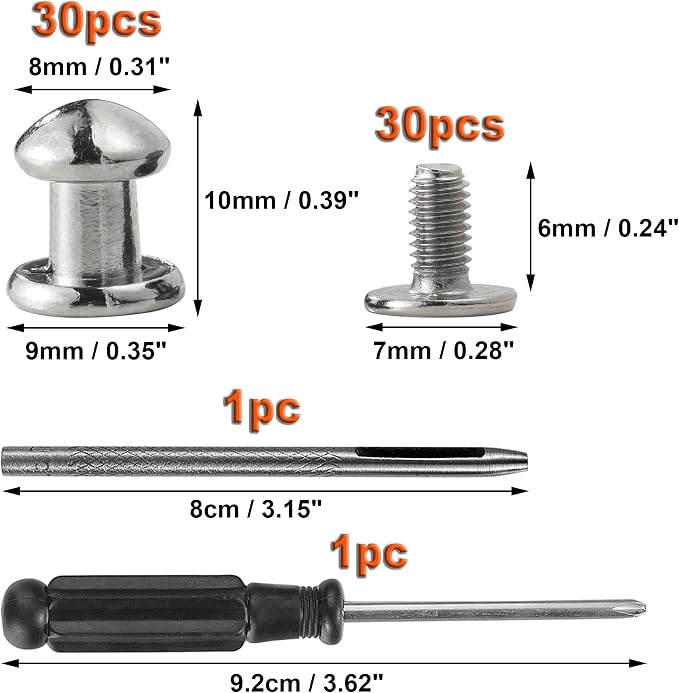 YORANYO 30 Sets 8MM Round Head Button Stud for Leather Chicago Screws Spikes and Stud Leather Rivets Screws Button Rivets for Repair and Decorate Clothing Shoes Belts Bags Dog Collars (Silver)