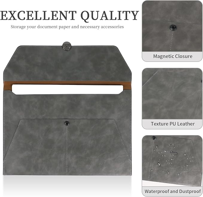 MultiBey PU Leather A4 Document Holder File Organizer with Snap Closure, Waterproof/Water‑Resistant A4 & Letter Size Envelope Folder 13 x 9.5 in - Holds up to 100 Sheets (Elegant Grey)