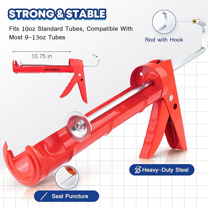 DIYSELF Caulk Gun, Heavy Duty Caulking Tool, 10:1 Thrust Ratio, Hand Caulking Gun for 10 oz Cartridges, Silicone Gun Compatible with Sealant, Acrylic, Latex, Adhesive, Butyl & More (Red)
