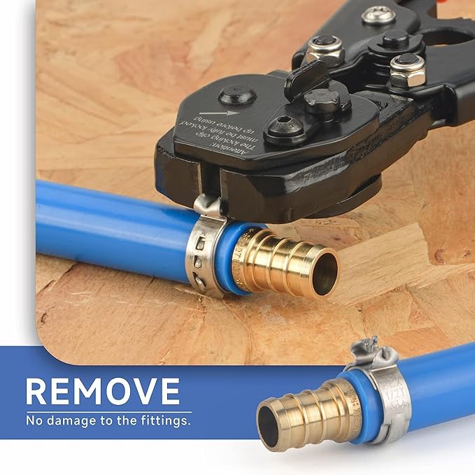 iCrimp Ratchet PEX Cinch Tool with Removing Function for 3/8-in, 1/2-in, 3/4-in, 1-in Stainless Steel Clamp, PEX Crimper with 20PCS 1/2-in, 10PCS 3/4-in PEX Clamps and Pipe Cutter- All in One