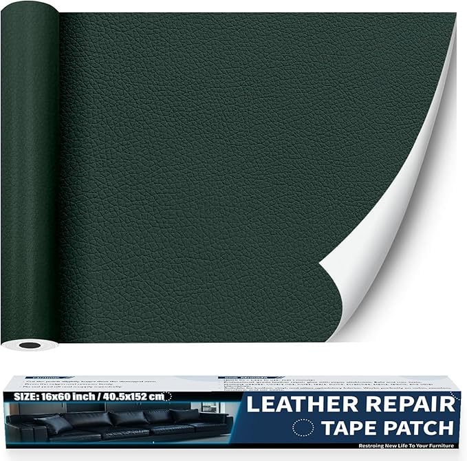 Zenyao Leather Repair Patch Tape - Self Adhesive Leather Repair Kit for Car Seat Furniture, Heavy Duty Vinyl Repair Patch for Couch Sofa, Waterproof Fix for Tears, 16x30 Inch Roll, Dark Green