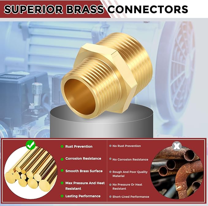 Pack of 2, 1" NPT Male to 3/4" NPT Male Solid Brass Hex Nipple Hose Connectors, Male Pipe Adapter for Pipe Leak Repair, Bathroom Remodeling, Tool Extensions, Compression