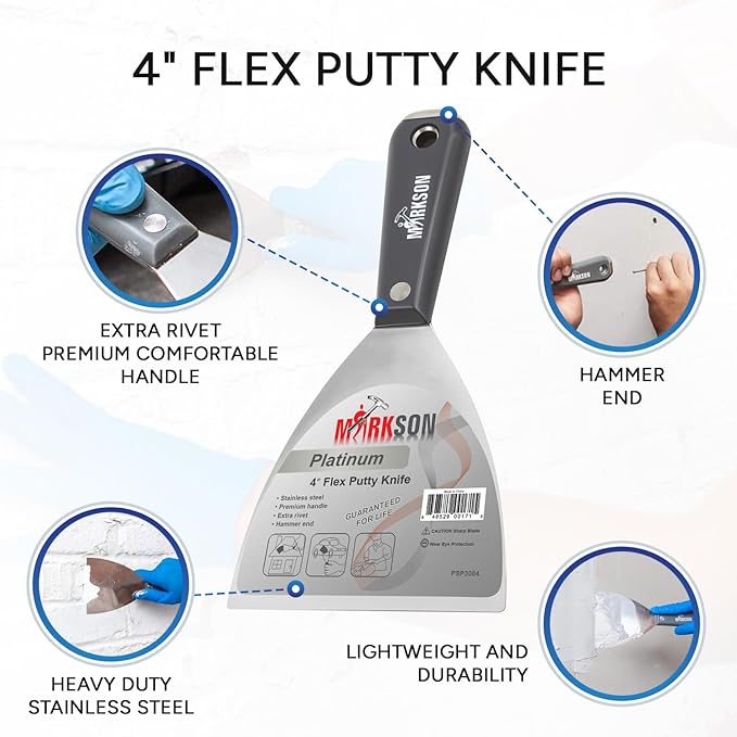 MARKSON Putty Knife 4", Scraper Tool Stainless Steel Blade, Paint Scraper with Nylon Handle Hammer End
