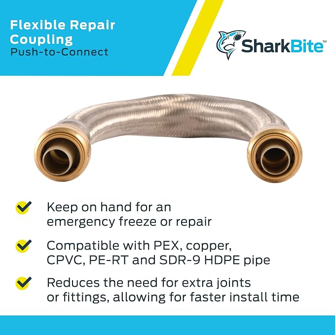 SharkBite 3/4 x 18 Inch Flexible Repair Coupling Hose, Push To Connect Brass Plumbing Fitting, PEX Pipe, Copper, CPVC, PE-RT, HDPE, U3016FLEX18LF