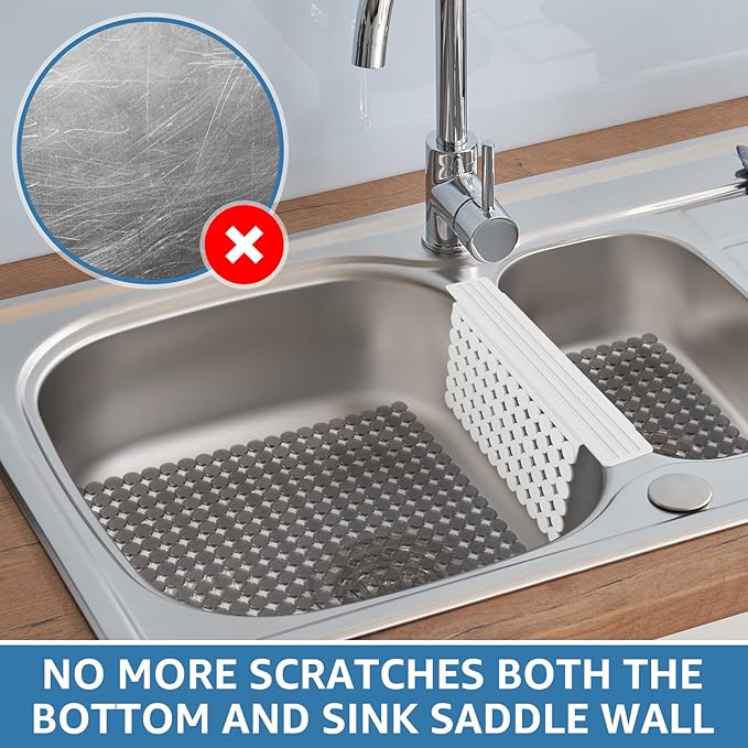 Bligli Plastic Sink Saddle, Sink Divider Mat with Strong Suction Cups, Kitchen Divided Sink Protector Mat for Glassware Dishes, Easy to Clean and No Smell, 9.5" x 12", White