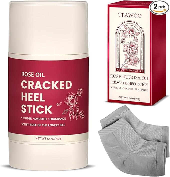 TEAWOO 2 Pcs Cracked Heel Treatment & Repair Stick Set (Foot Balms + Heel Socks) – Rose Oil Infused Cracked Heel Stick Balm for Dry, Cracked Heels – No-Mess Applicator, Travel-Friendly