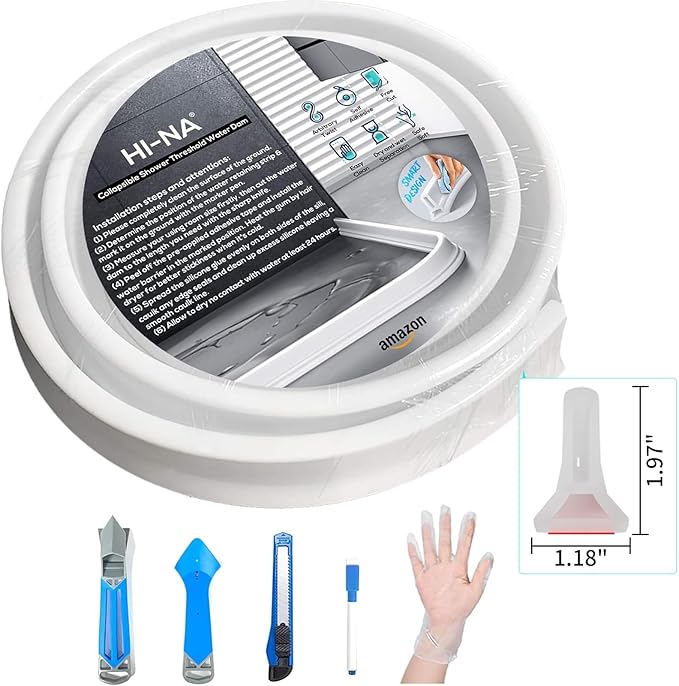 Hi-Na 3ft/5ft/6ft/8ft10ft Collapsible Shower Threshold Water Dam Water Barrier for Shower and Water Stopper Keeps Water Inside Water Threshold for Wet and Dry Separation (10ft, Clear)