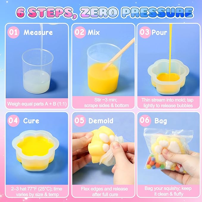Taba Squishy Maker Kit – DIY Squishy Craft Kit, Silicone Mold Making Set with 18oz AB Silicone Gel, Giant Chick/Paw/Hamster/Cat Molds, Flocking Powder – Stress Relief Craft Gift for Adult
