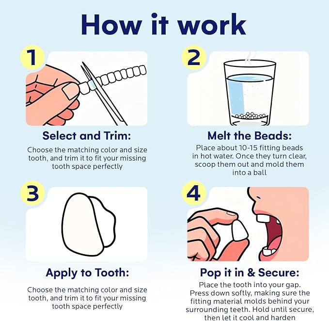 Temporary Tooth Repair Kit: Missing Tooth Replacement Kit Replace Missing or Broken Tooth Filling The Gap - Moldable False Teeth Come with 3 Shades 10 Size
