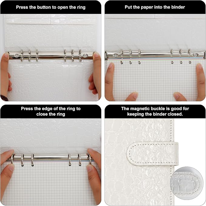 Convend A5/A6 Refillable 6 Ring Binder Cover, Crocodile-Textured PU Leather Notebook Binder with Hidden Snap Closure, Planner Organizer, (White)