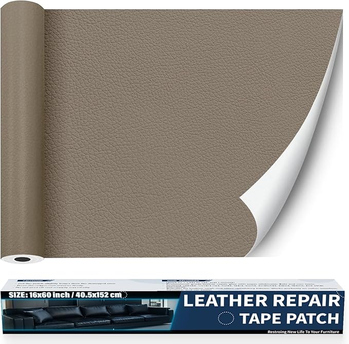 Zenyao Leather Repair Patch Tape - Self Adhesive Leather Repair Kit for Car Seat Furniture,Vinyl Repair Patch for Couch Sofa, Waterproof for Rips Scratches Tears, 16x60 Inch Roll, Ivory Grey